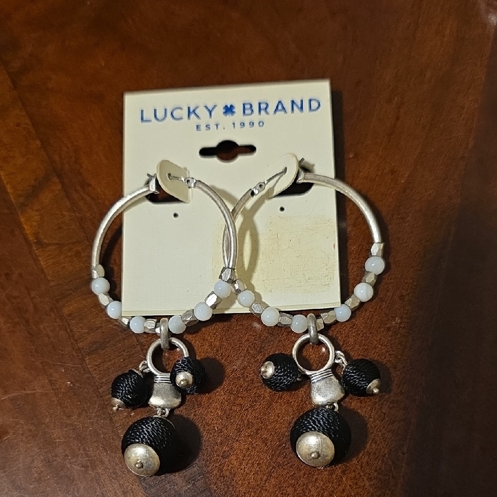 Lucky Brand Silver and Black Beaded Hoop Earrings